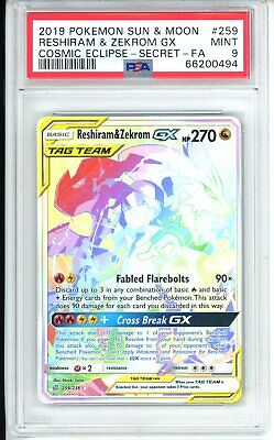 PSA 9 Reshiram & Zekrom Gx 259 - 2019 Pokemon Sun & Moon Cosmic Eclipse