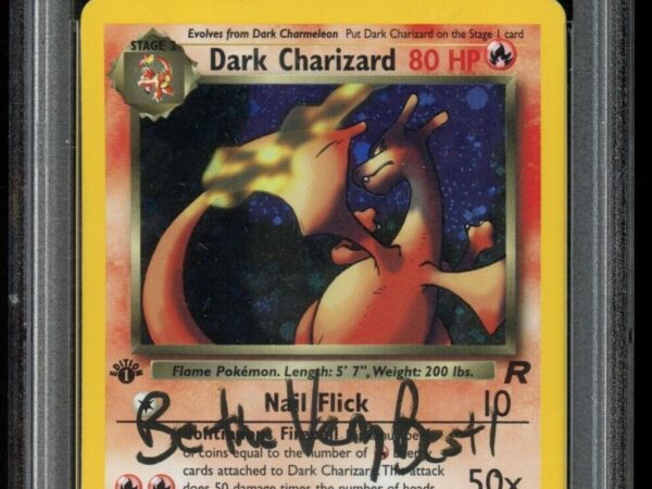 AUTO PSA 8 Jason Paige - Dark Charizard 4/82 1st Edition Holo - Team Rocket